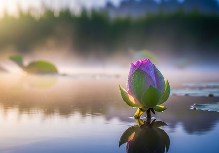 Beautiful lotus flower in the morning on the lake with sunlight.の写真素材