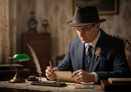 Retro man writing on a book with feather pen and inkwellの写真素材