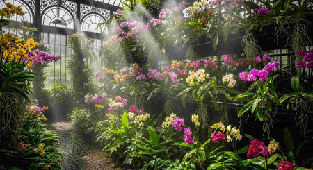 Beautiful colorful orchids in a botanical garden with sunlightの写真素材