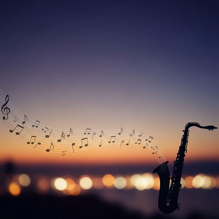 Silhouette of saxophone against sunset sky and sea background.の写真素材