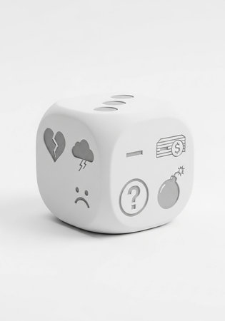 White dice with a question mark and hearts on a white background.