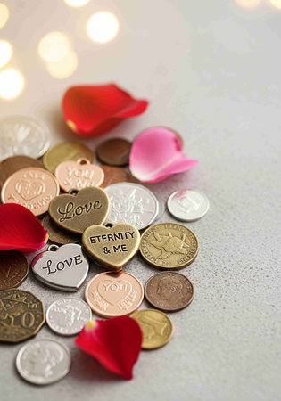Heart shaped coins and red rose petals with bokeh backgroundの写真素材