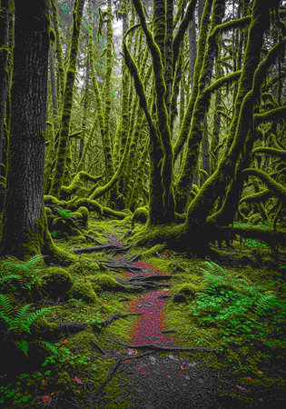 Mysterious dark forest with a path through the mossy treesの写真素材