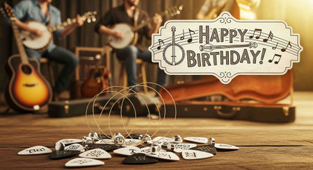 Happy birthday against close up of acoustic guitar on wooden table with musical instrumentsの写真素材