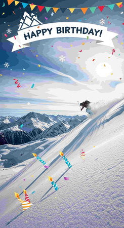Happy birthday greeting card with snowboarder in mountains. Vector illustration.の写真素材