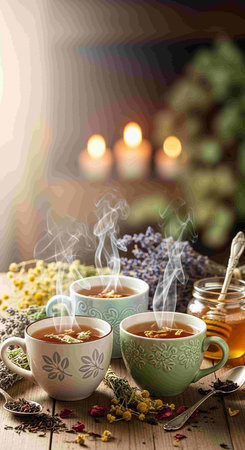 Cup of herbal tea with honey and dry flowers on a wooden tableの写真素材