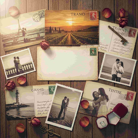 wedding invitation cards on wooden background with place for your textの写真素材
