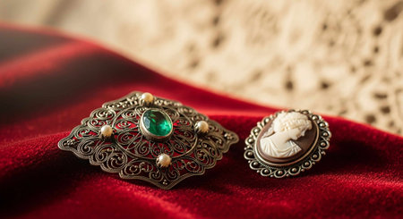 Jewelry on a red satin background with copy space.の写真素材