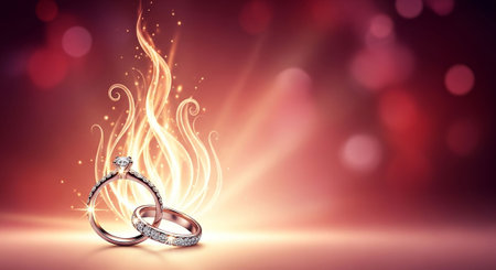 Wedding rings with flames and bokeh on red backgroundの写真素材
