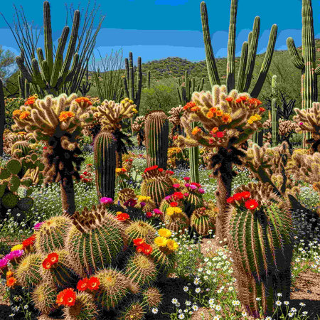 Cactuses and flowers in a botanical garden in Tucson, Arizona
