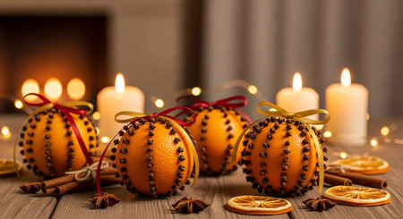 Christmas decoration with oranges and candles on a rustic wooden background.の写真素材