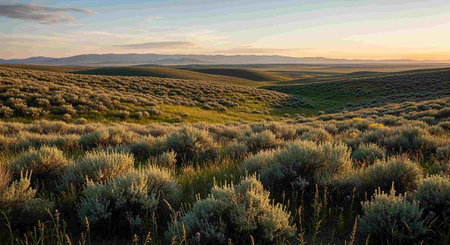 Sunset over the prairie in Yellowstone National Park, Wyoming.の写真素材