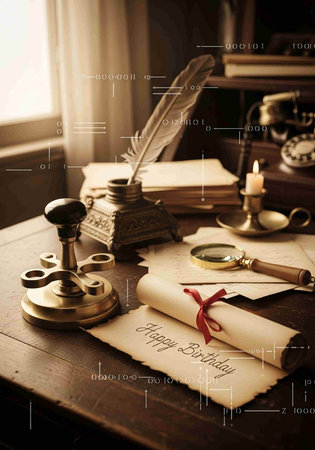 Vintage background with old book, quill pen, magnifying glass