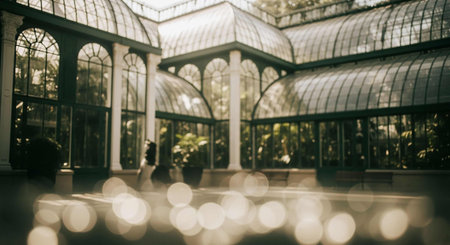 Blurred image of a beautiful greenhouse in the garden. Vintage style.の写真素材