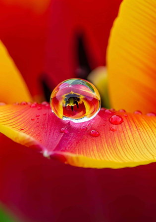 Water drop on tulip petals. Shallow depth of field