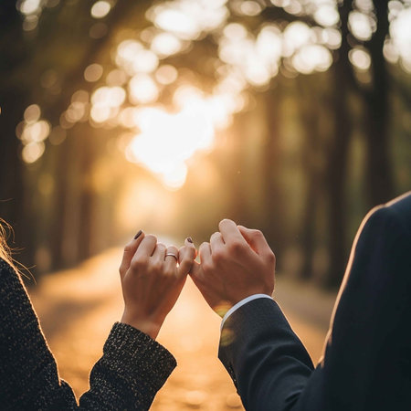 Couple holding hands and looking at each other in a pine forestの写真素材