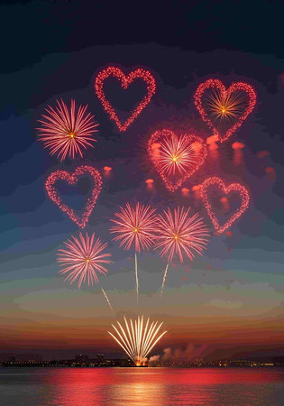 Beautiful firework with hearts on the sky background. Vector illustration.の写真素材