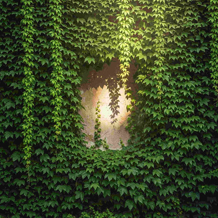 Green ivy wall with sun shining through it. Natural background.の写真素材