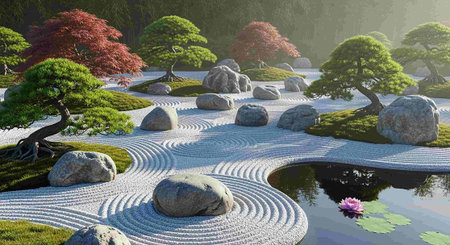 Japanese garden with pond, stones and flowers. 3D render.の写真素材