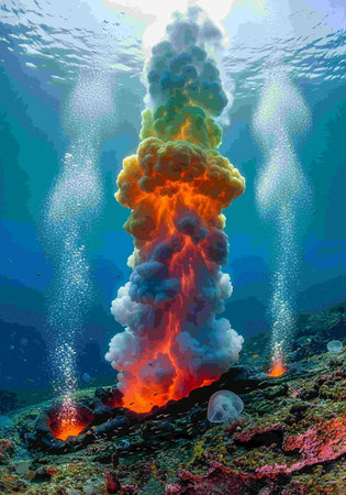 3D illustration of a volcano eruption over a coral reef in the oceanの写真素材
