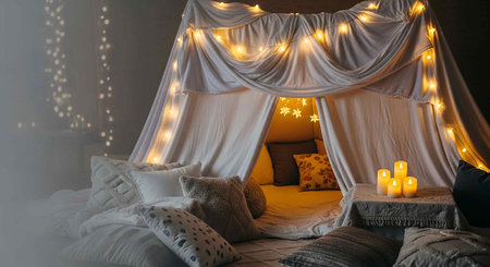 Decorated children's room with a wigwam and candlesの写真素材