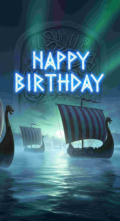 Happy Birthday Greeting Card with Pirate Ship in the Sea.の写真素材