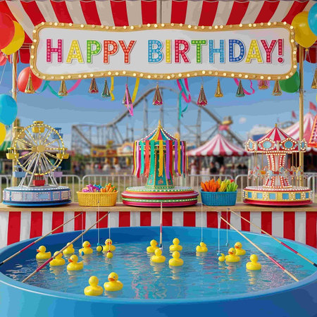 Happy birthday card with amusement park rides and balloons, 3d renderの写真素材