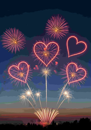 Vector illustration of a beautiful fireworks with hearts in the night sky.の写真素材