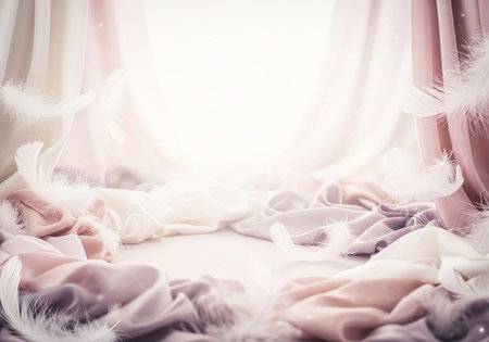 Beautiful white and pink curtains with feathers on a white background.の写真素材