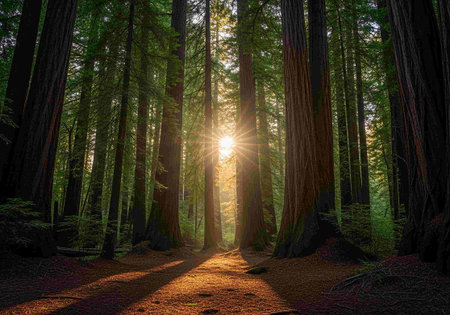 Sunset in Redwood Forest, California, United States of Americaの写真素材