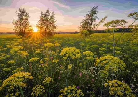 sunset over a field with dill and fennel flowersの写真素材