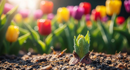 Fresh tulips growing in the garden. Beautiful spring flowers. Nature backgroundの写真素材