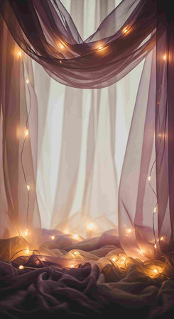Curtain and garland with light bulbs on dark background, copy spaceの写真素材
