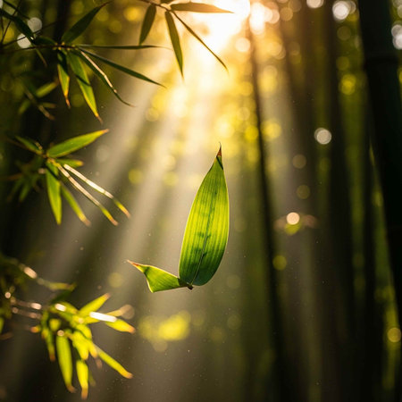 Bamboo leaves with sunlight in the morning at Bamboo forest.