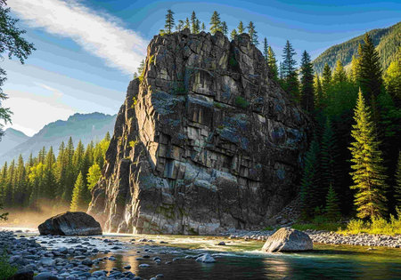Beautiful summer landscape with mountain river and rocks in the forest.の写真素材