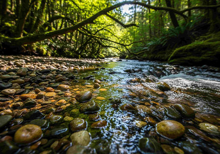 Mountain stream in a green forest. Long exposure. Long exposure.の写真素材
