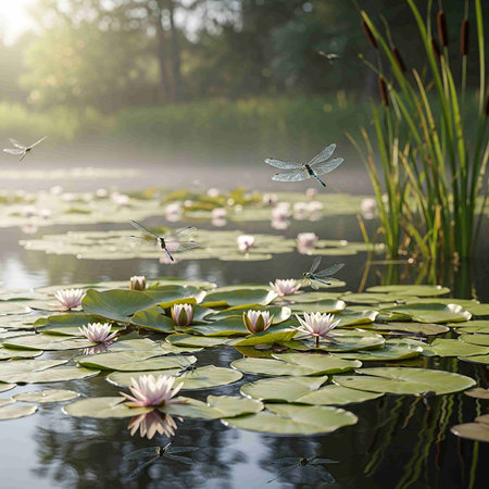 Dragonflies and lotus flower in the pond. Beautiful nature background.の写真素材