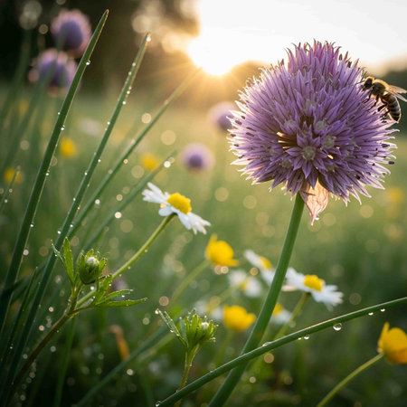 Bee on the flower of chives in the meadow at sunsetの写真素材