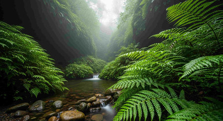 Ferns and waterfalls in the rainforest of New Zealandの写真素材