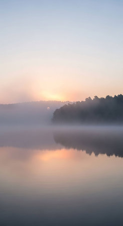 Sunrise on the lake with fog and trees in the background.の写真素材