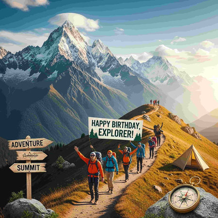 Trekking in the mountains with a backpack and a compass.の写真素材