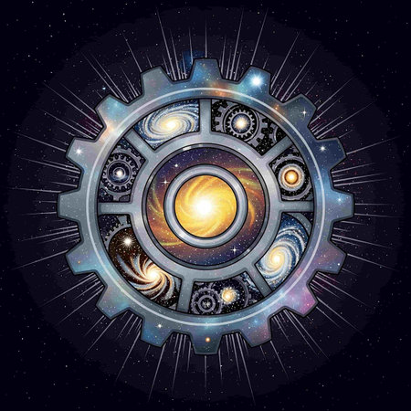 Gears and planets in space. Solar system. Vector illustration.