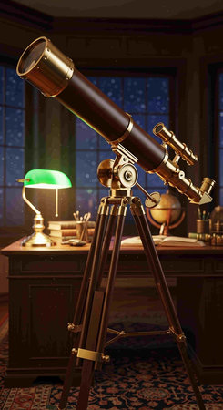 Telescope in the interior of an old house. 3D rendering