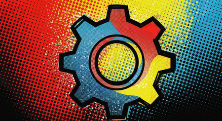 Abstract gear wheel on halftone colorful background. Vector illustration.の写真素材