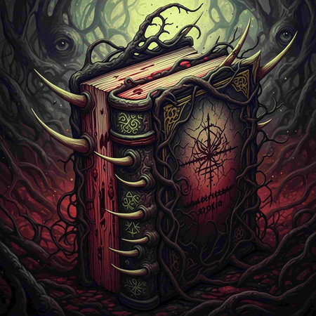 Magic book with a spooky forest on the background. Fantasy illustration.
