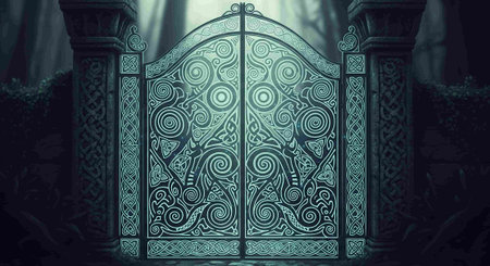 Wrought-iron gate in the dark forest. Vector illustration.