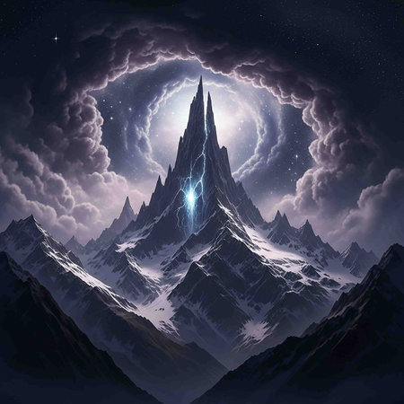 Mountain landscape with snow-covered peaks in the clouds and starry sky