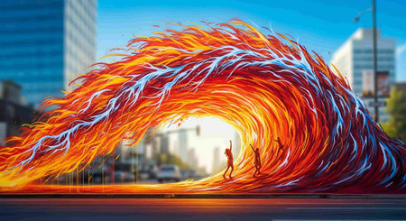 Flaming Fire in the city. 3D illustration. Abstract background.の写真素材