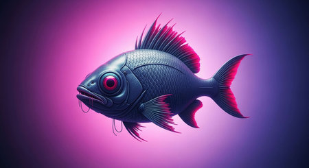 Fish on a purple background. 3d rendering. Computer digital drawing.の写真素材