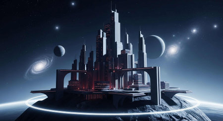 View of a futuristic city in the space. 3d rendering.